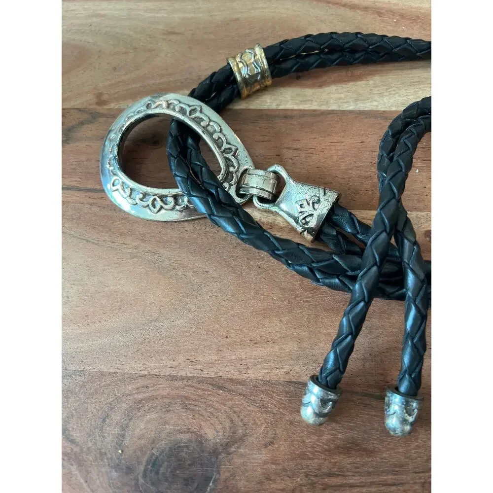 Brighton vintage 90's braided leather belt silver lariat buckle S M L XL black